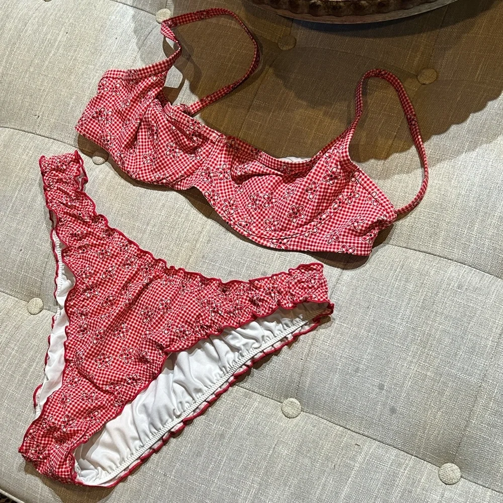 PINK By Frankies Bikinis Red Checkered Bikini Floral Bikini Top + Bottom Set